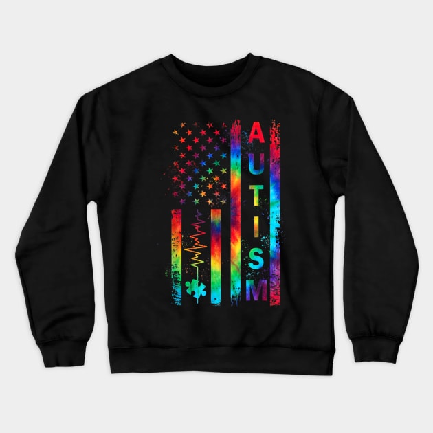 American Flag Autism Awareness Teacher Mom Support Tie Dye Shirt Crewneck Sweatshirt by Kelley Clothing